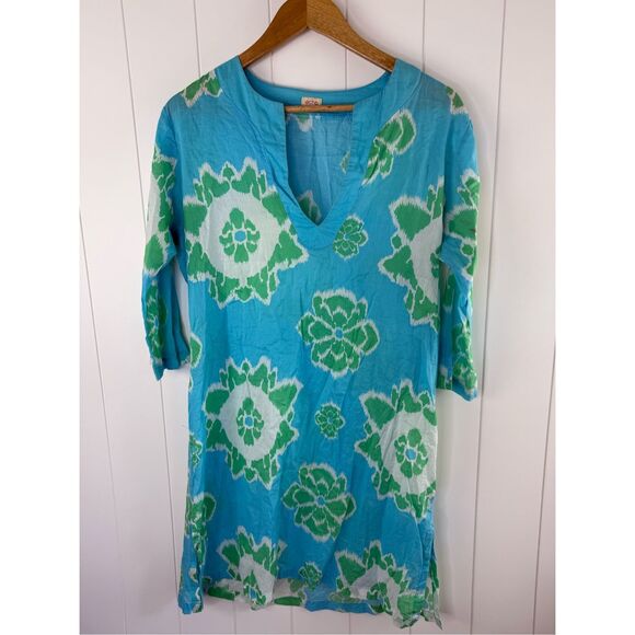 Echo Floral Tunic Dress Coverup in Caribbean Blue Size M - Picture 1 of 6